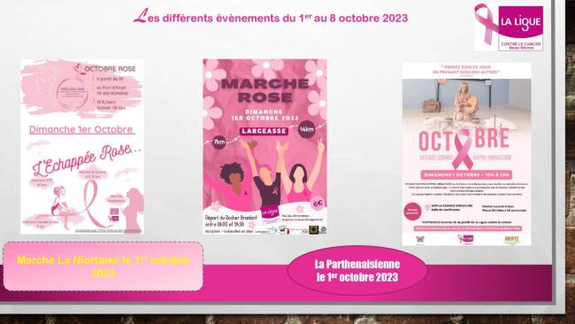 visuels des manifestations organisées dans les Deux-Sèvres, dans le cadre d'Octobre rose 2023, du 1er au 8